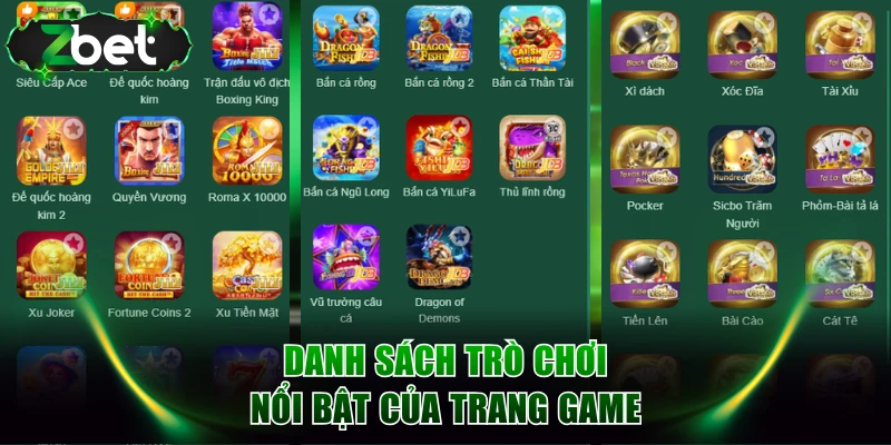 Danh sách trò chơi nổi bật của trang game